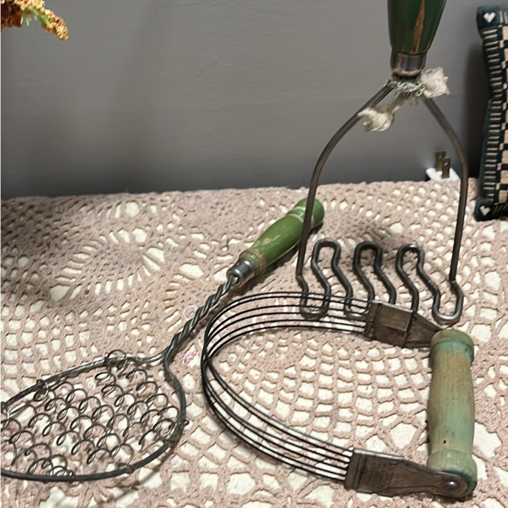 Vintage Kitchen Utensil Set with Green Handles